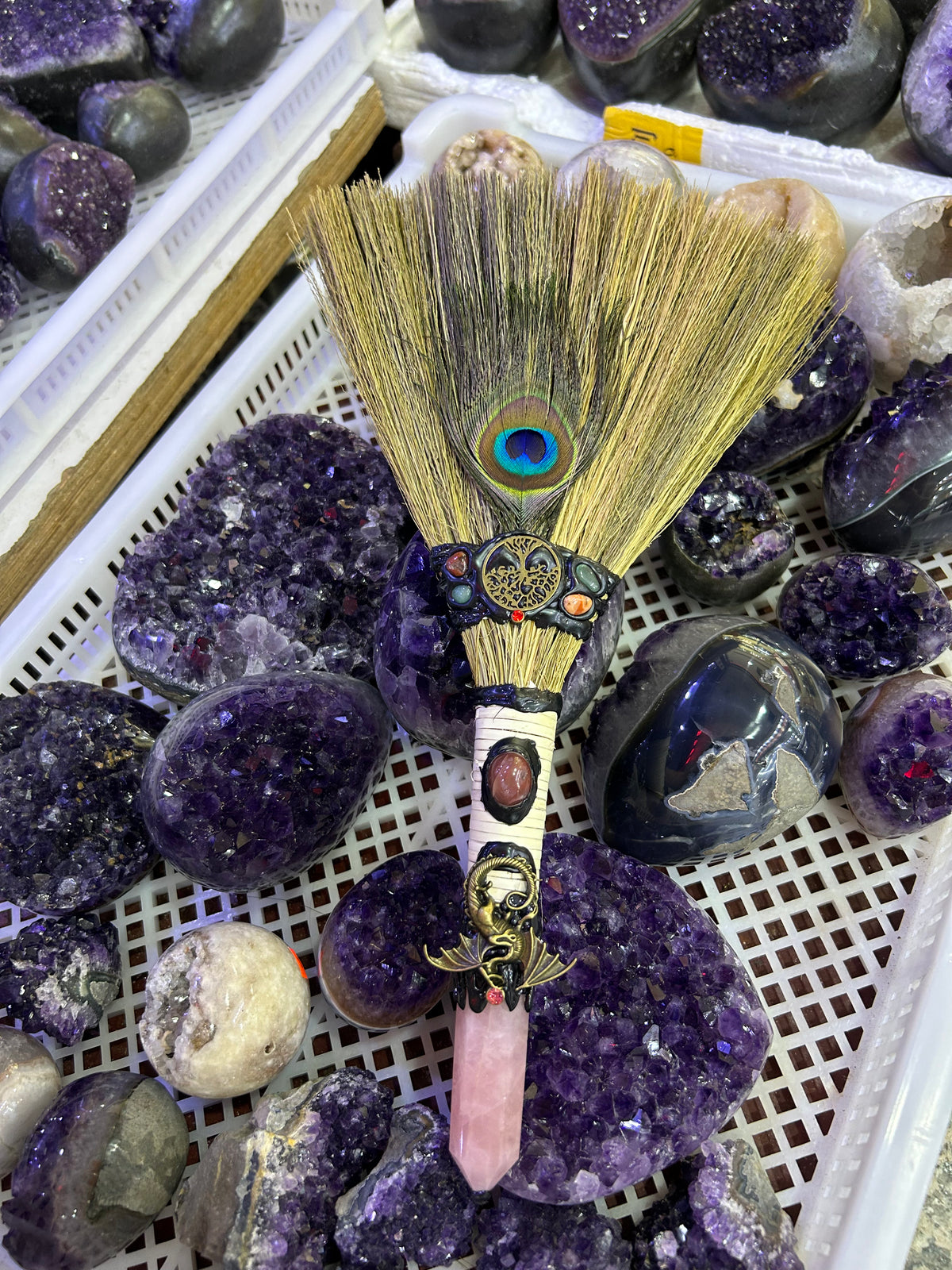 Handcrafted Witch Broom with Rose Quartz Point, Pentacle &amp; Peacock Feather | Magical Bohemian Style