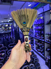 Handcrafted Witch Broom with Rose Quartz Point, Pentacle &amp; Peacock Feather | Magical Bohemian Style