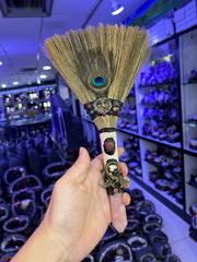 Handcrafted Witch Broom with Rose Quartz Point, Pentacle &amp; Peacock Feather | Magical Bohemian Style