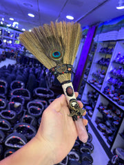 Handcrafted Witch Broom with Rose Quartz Point, Pentacle &amp; Peacock Feather | Magical Bohemian Style