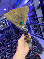 Witch Broom Ornament with Amethyst Crystal & Peacock Feather | Mystical Altar Decor