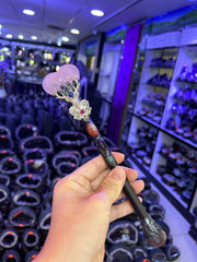 Rose Quartz Heart Witch Broom Wand with Silver Floral Accents & Gemstones | Magical Bohemian Style