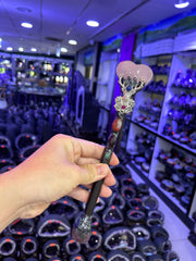 Rose Quartz Heart Witch Broom Wand with Silver Floral Accents & Gemstones | Magical Bohemian Style