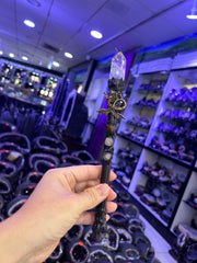 Crystal Witch Broom Wand with Bronze Dragon and Gemstones | Magical Bohemian Style