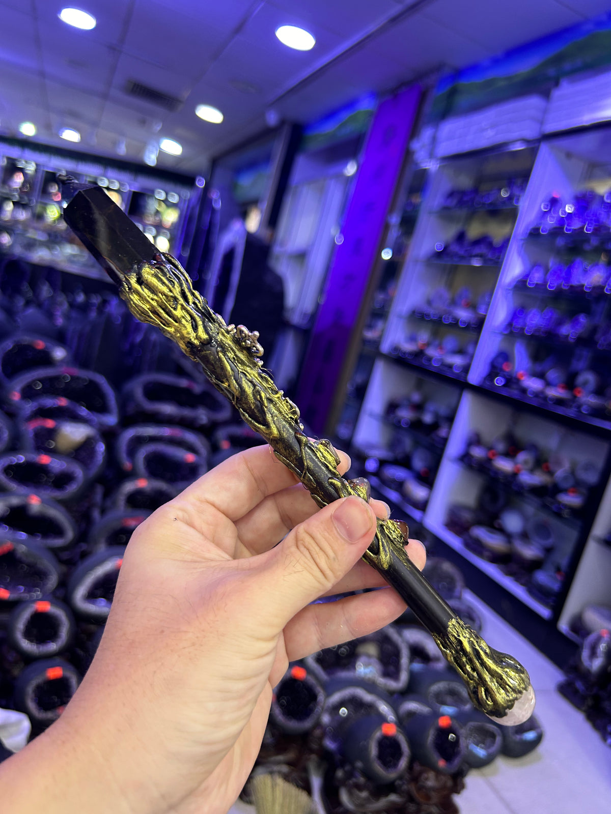 Black Crystal Broom Wand with Golden Dragon Detailing | Magical Bohemian Style