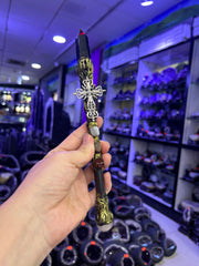 Black Crystal Broom Wand with Golden Dragon Detailing | Magical Bohemian Style