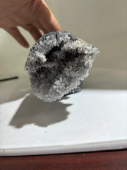 Futuristic Calcite Skull Sculpture with Raw Crystal Geode Natural Stone Art