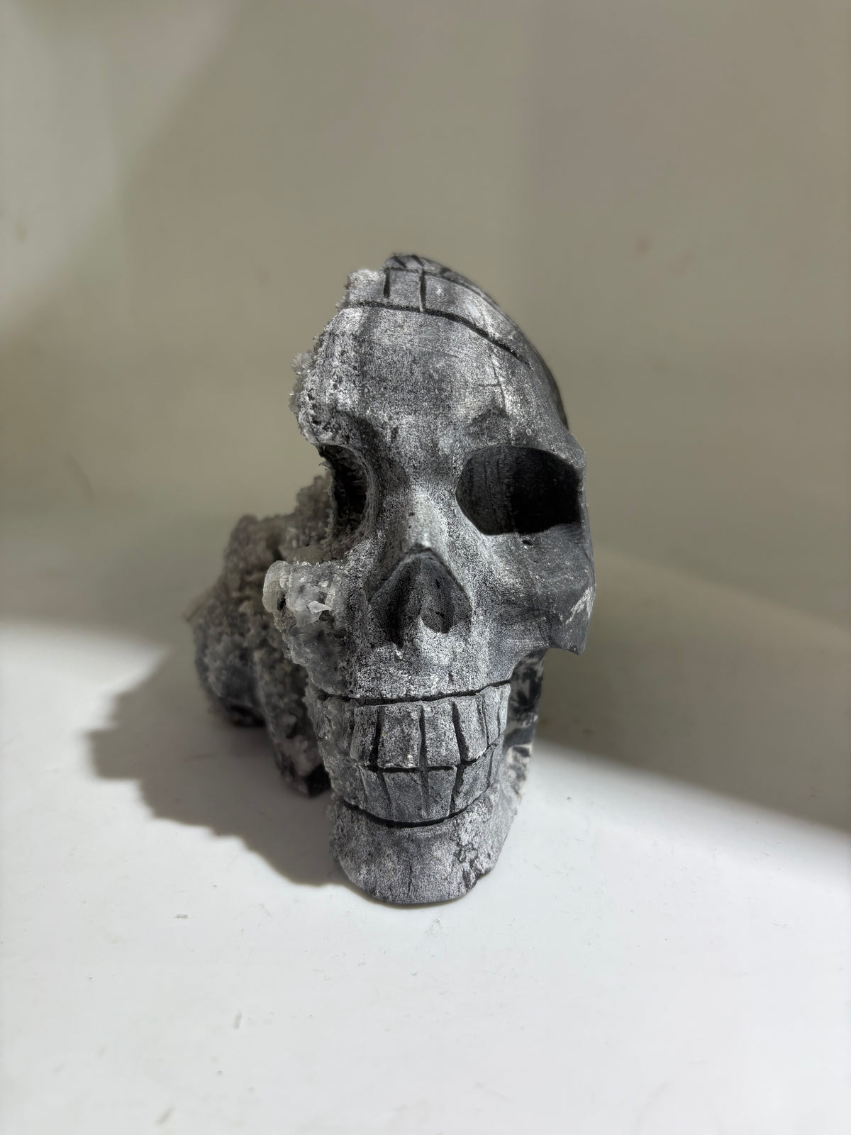 Calcite Skull with Engraved Feather Motif – Unique Crystal Stone Sculpture