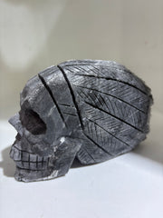 Calcite Skull with Engraved Feather Motif – Unique Crystal Stone Sculpture