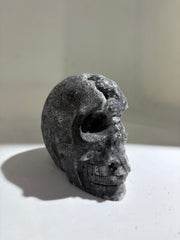 Raw Crystal Calcite Skull Sculpture Gothic Stone Art with Natural Druzy