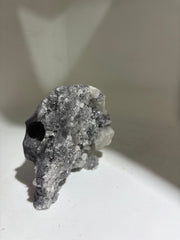 Raw Crystal Calcite Skull Sculpture Gothic Stone Art with Natural Druzy
