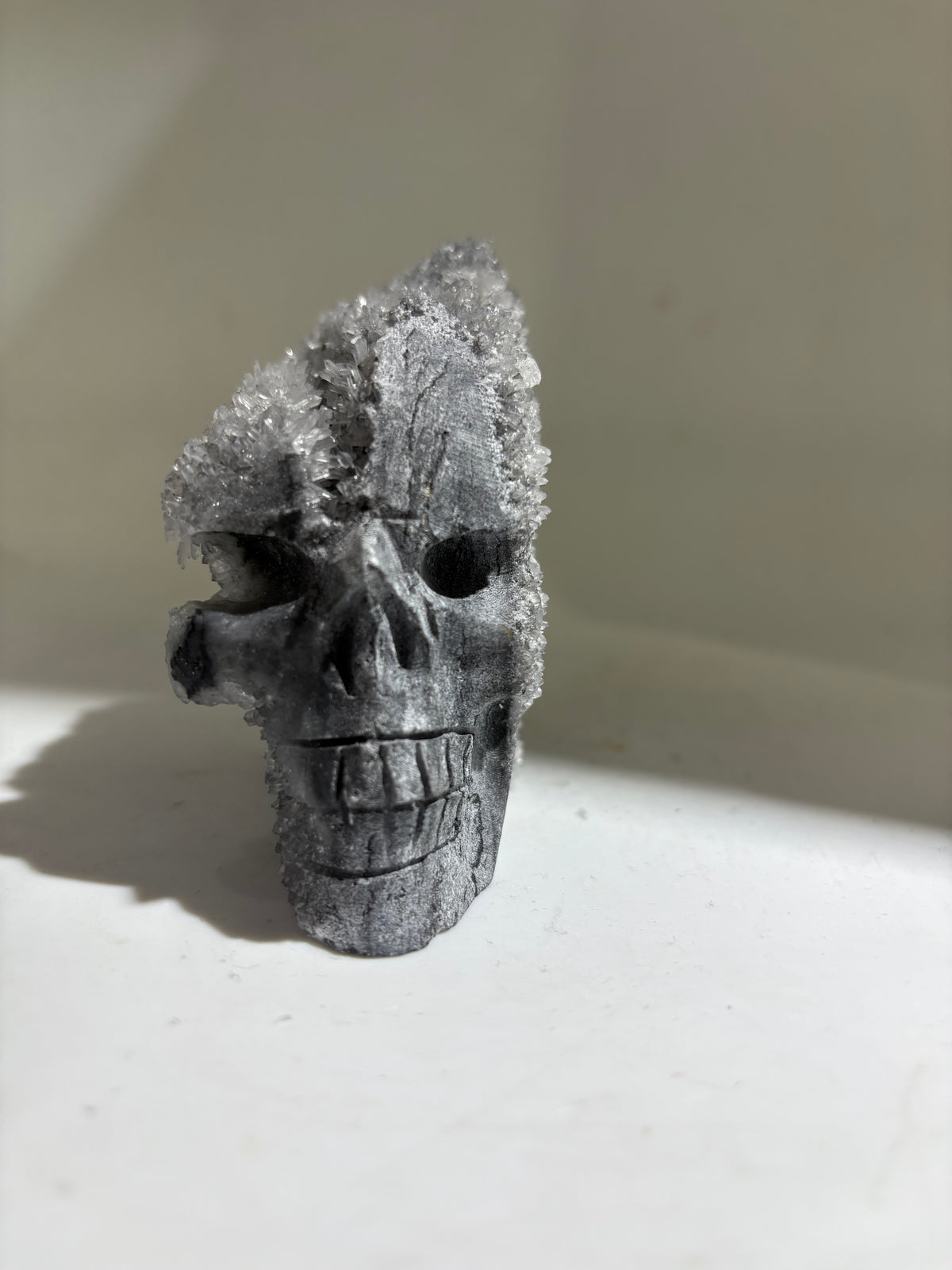 Frosted Crystal Calcite Skull Sculpture with Full Druzy Crystal Crown