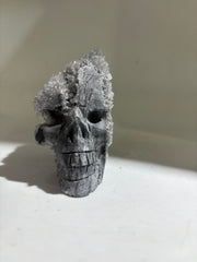 Frosted Crystal Calcite Skull Sculpture with Full Druzy Crystal Crown