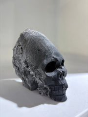 Obsidian Crest Calcite SkullCrystal Sculpture with Natural Frosted Finish
