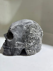 Frosted Crystal Calcite Skull Sculpture with Natural Druzy Back