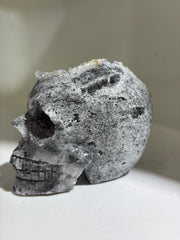 Druzy Crest Calcite Skull Sculpture with Natural Geode Formation