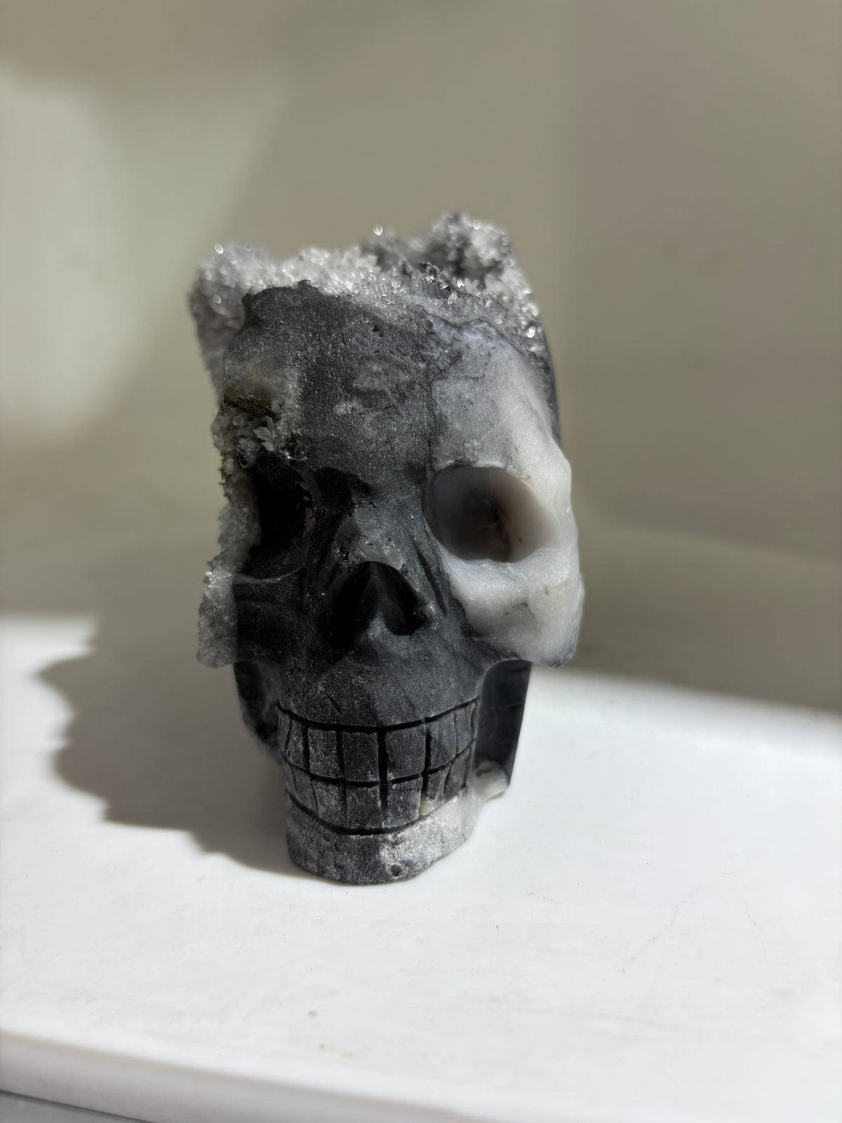 Frosted Obsidian Calcite Skull with Raw Druzy Crown