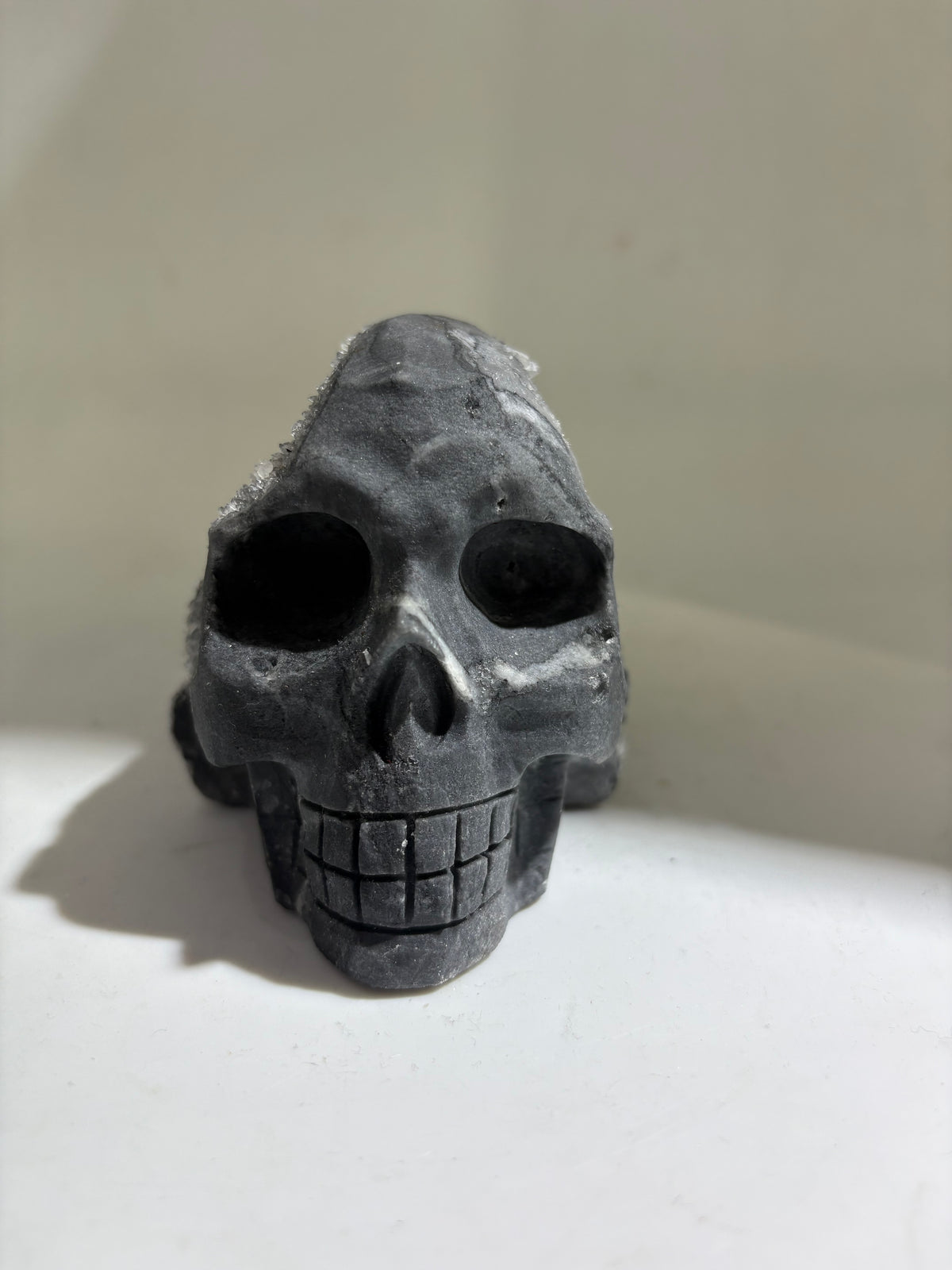 Glacier Night Calcite Skull with Natural Druzy Crystal Crown