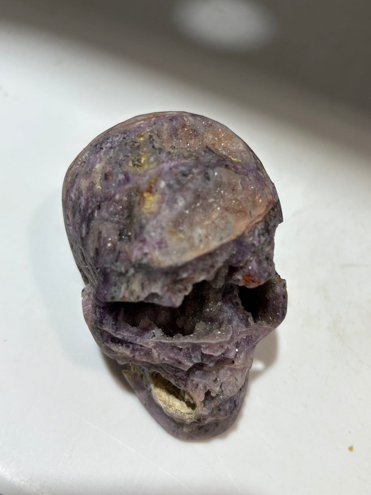Celestial Geode Energy Gem Fluorite Skull – Raw Amethyst Crystal Skull Sculpture