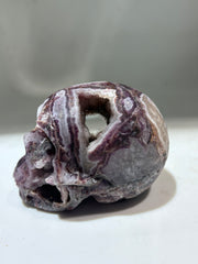 Geometric Dream Energy Gem Fluorite Skull – Hand-Carved Crystal Skull with Natural Druzy