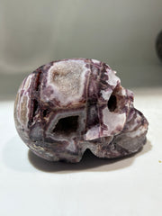 Geometric Dream Energy Gem Fluorite Skull – Hand-Carved Crystal Skull with Natural Druzy