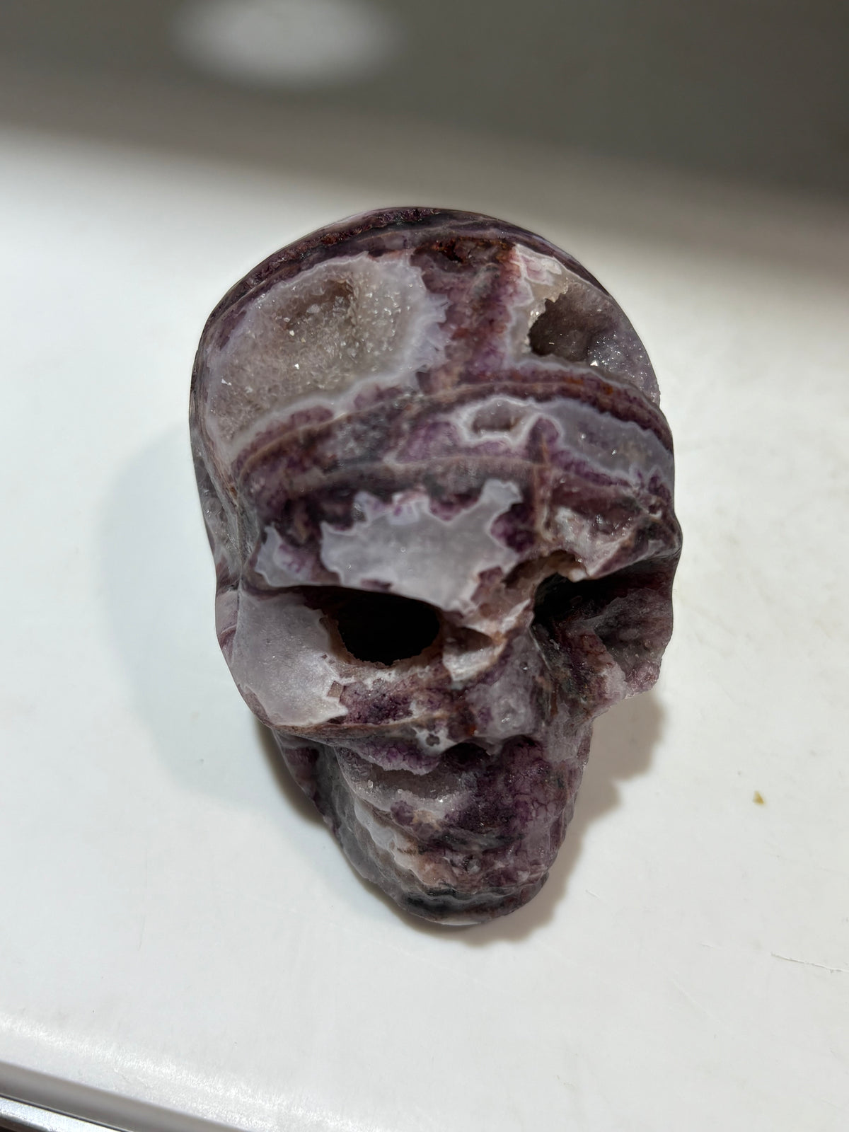 Geometric Dream Energy Gem Fluorite Skull – Hand-Carved Crystal Skull with Natural Druzy