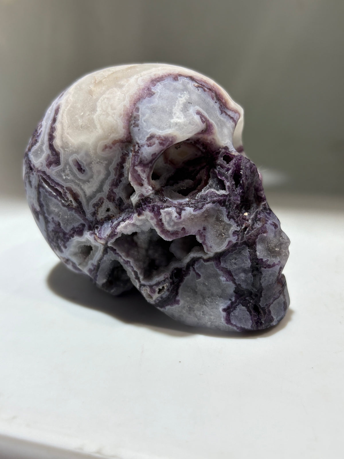 Mystic Vein Energy Gem Fluorite Skull – Hand-Carved Crystal Skull with Natural Swirl Patterns