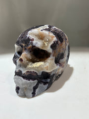 Golden Vein Energy Gem Fluorite Skull – Hand-Carved Crystal Skull with Natural Druzy Accents