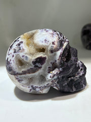 Enchanted Night Energy Gem Fluorite Skull – Hand-Carved Crystal Skull with Deep Violet Veins