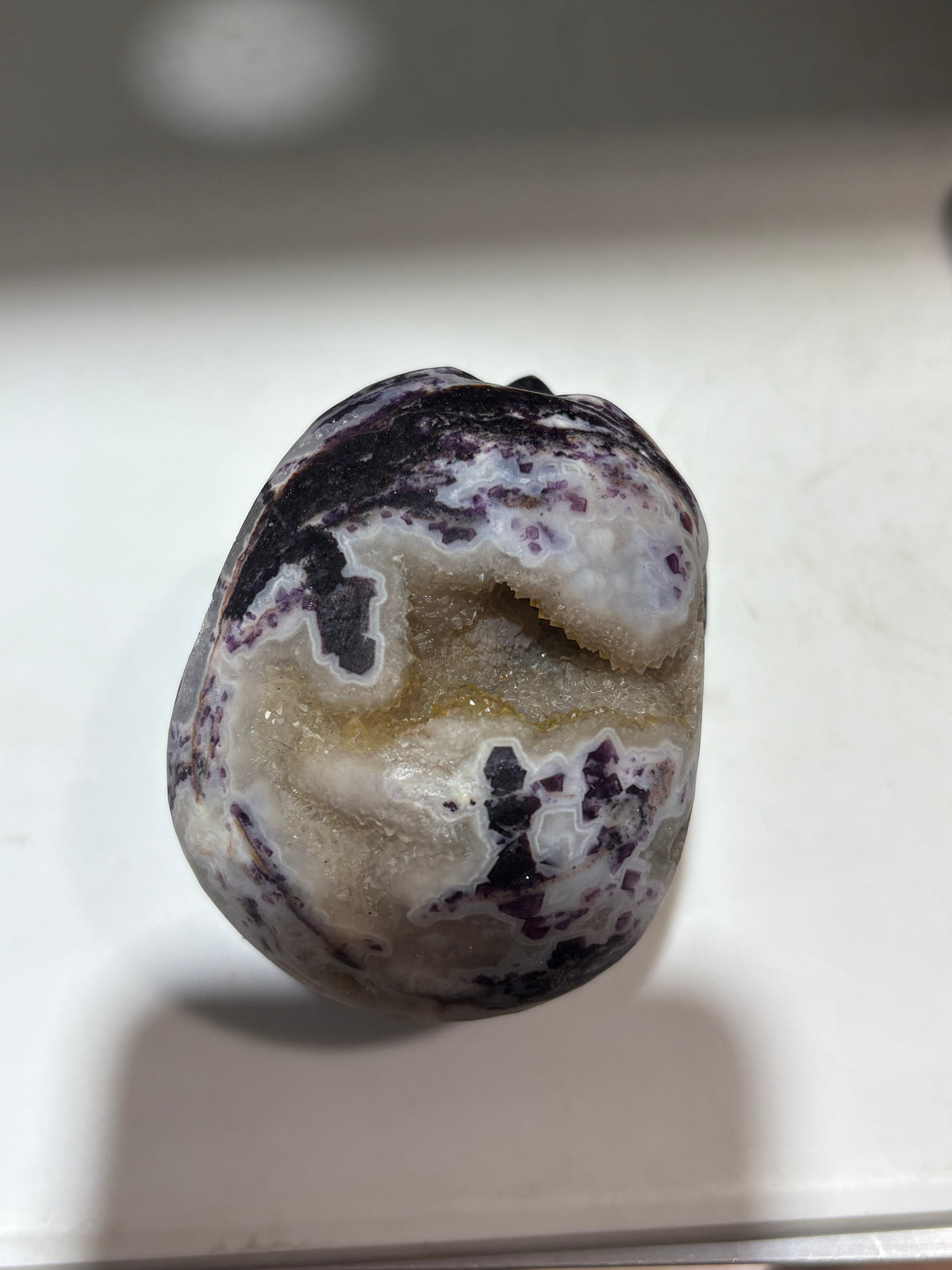 Enchanted Night Energy Gem Fluorite Skull – Hand-Carved Crystal Skull with Deep Violet Veins