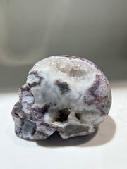 Phantom Veins Energy Gem Fluorite Skull – Hand-Carved Crystal Skull with Ghostly Marbling and Natural Geode
