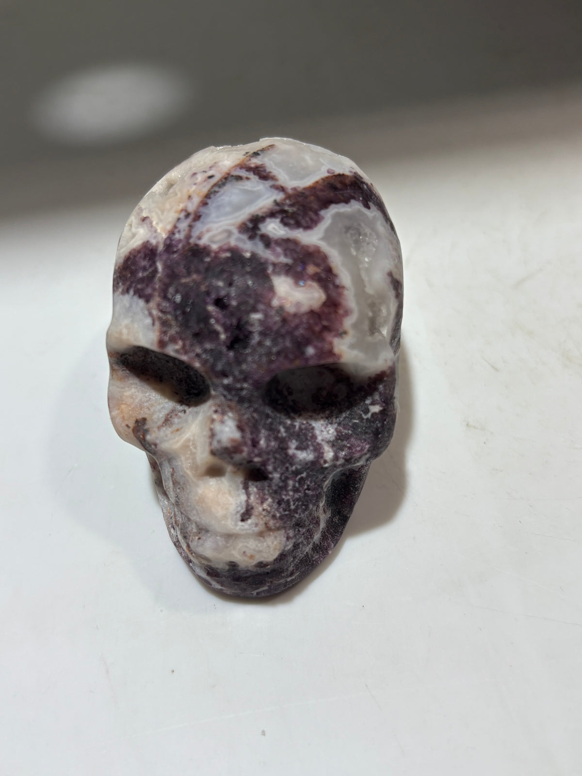 Mystic Nightfall Energy Gem Fluorite Skull – Hand-Carved Crystal Skull with Deep Plum Veins &amp; Ethereal Texture