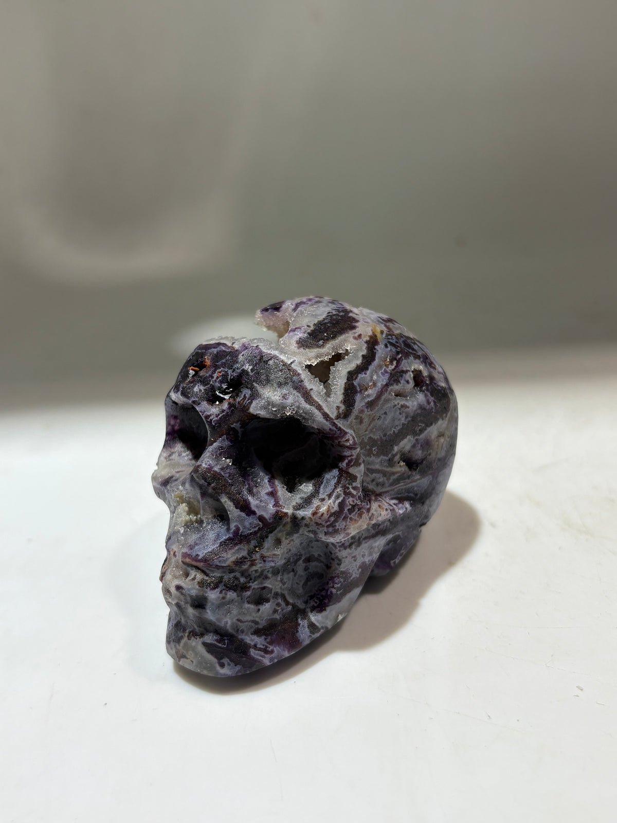 Galactic Veins Energy Gem Fluorite Skull – Unique Purple Crystal Sculpture with Cosmic Veins