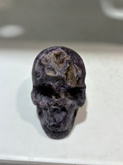 Celestial Veins Energy Gem Fluorite Skull – Purple Crystal Skull with Natural Geode Accents