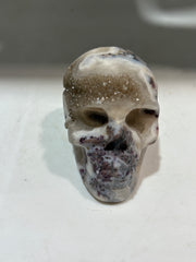 Ethereal Mist Energy Gem Fluorite Skull – Hand-Carved Crystal Skull with Dreamy White and Grey Veins