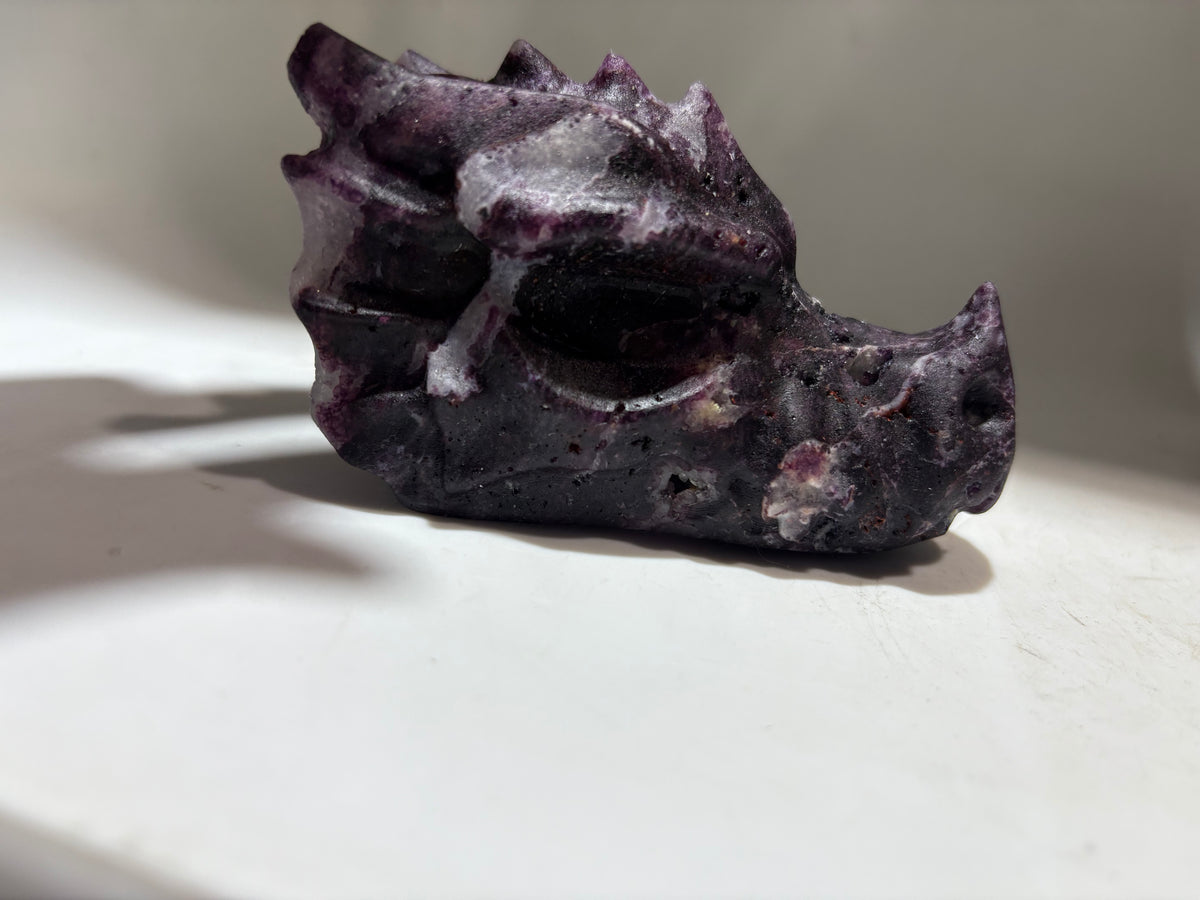 Natural Sphalerite Dragon Head Carving – Unique Purple Crystal Sculpture for Collectors & Home Decor