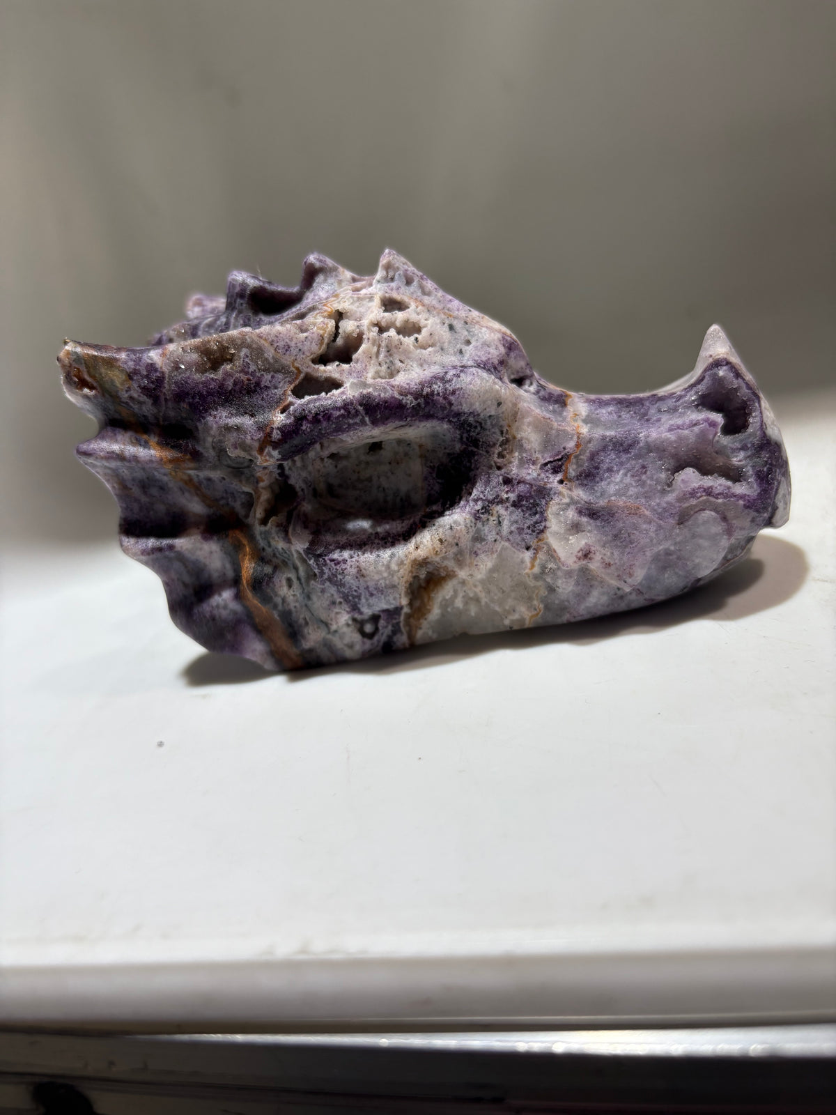 Natural Sphalerite Dragon Head Carving – Rare Purple &amp; White Crystal Sculpture for Collectors