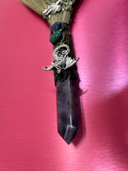 Witch Broom Ornament with Crystal & Peacock Feather | Magical Bohemian Style