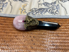 Dragon Guardian Crystal Broom Wand with Rose Quartz & Obsidian | Magical Bohemian Style