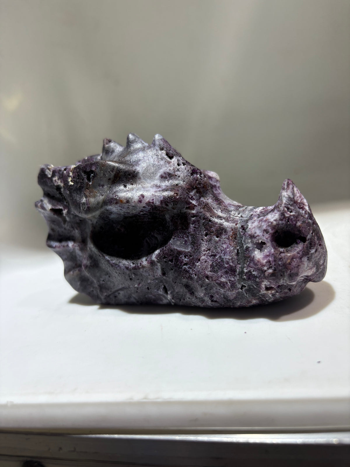 Unique Sphalerite Dragon Head Sculpture – Striking Purple & White Crystal Mineral Art