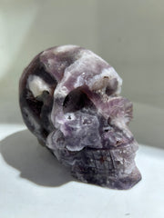 Ethereal Amethyst Vein Fluorite Skull – Hand-Carved Crystal Art Sculpture