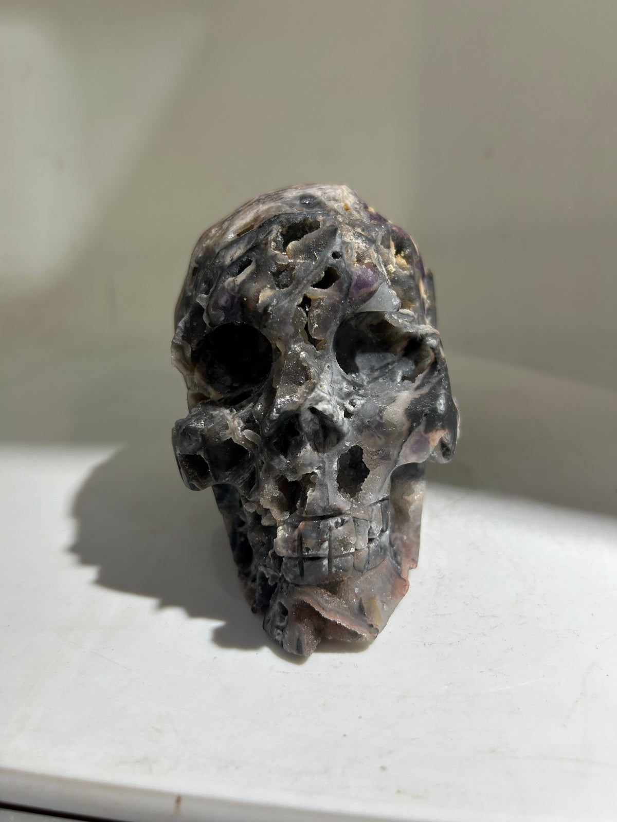 Raw Fluorite Skull Sculpture | Hand-Carved Crystal Geode Art | Unique Hollow Mineral Decor
