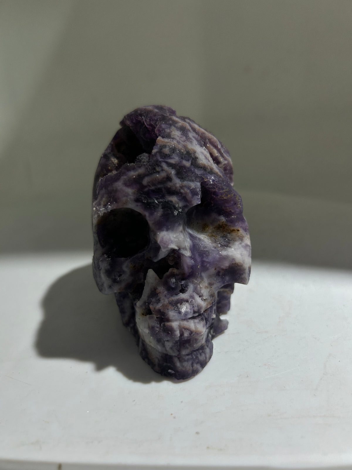 Deep Amethyst Fluorite Skull | Hand-Carved Raw Crystal Sculpture | Unique Gothic Mineral Art