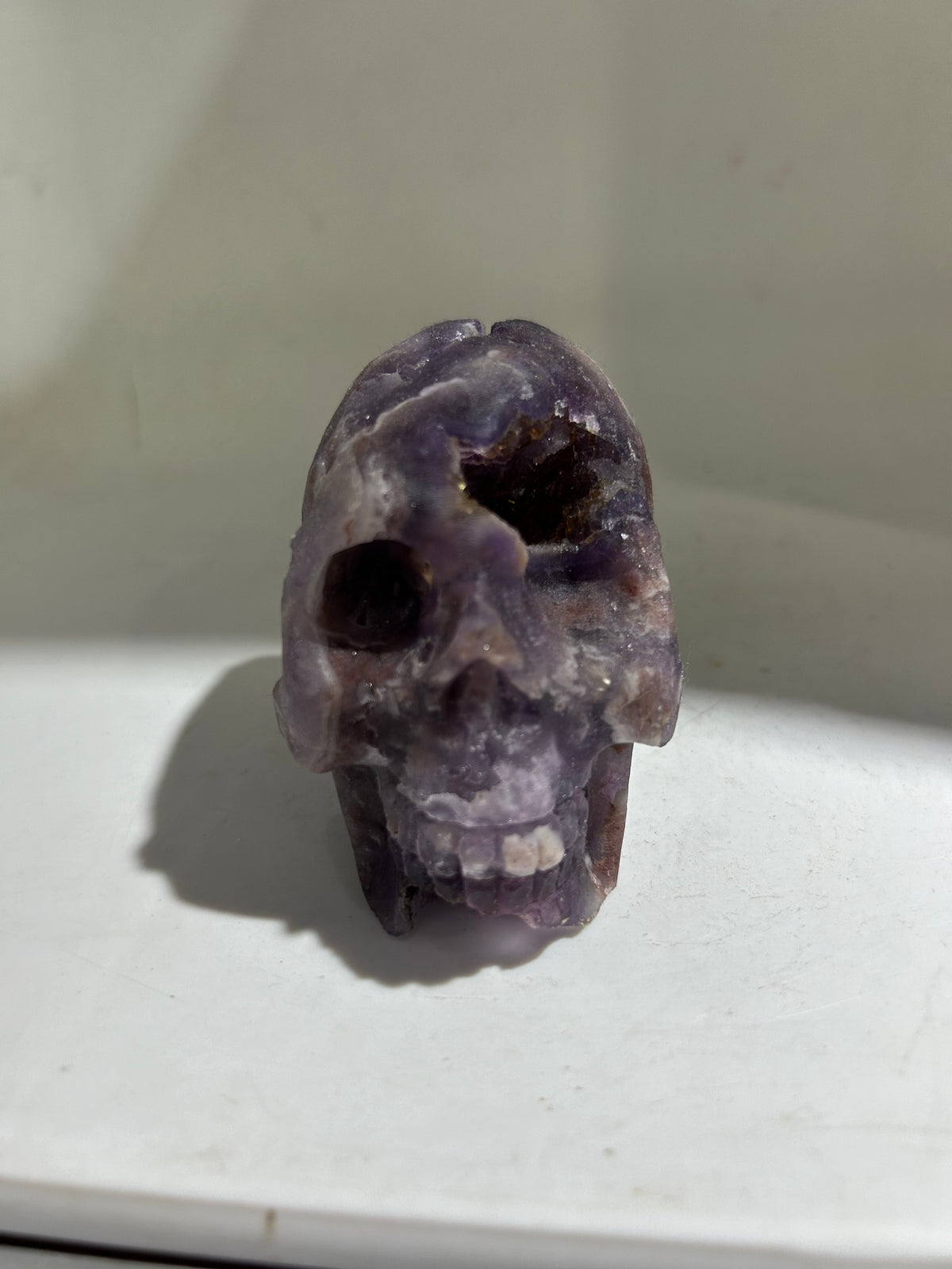 Raw Amethyst Fluorite Skull | Hand-Carved Crystal Sculpture | Unique Mineral Art Decor