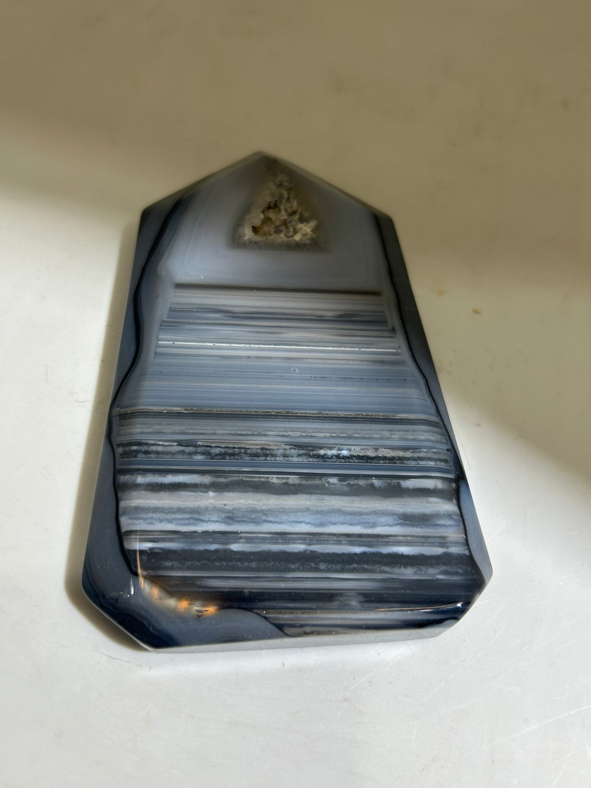 Agate Stripe Tower | Modern Blue Banded Crystal Sculpture | Unique Geometric Décor