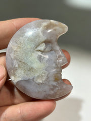 Flower Agate Crescent Moon Face – Artistic Crystal Sculpture for Spiritual Decor