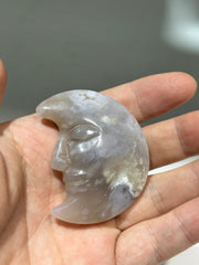 Flower Agate Crescent Moon Face – Artistic Crystal Sculpture for Spiritual Decor