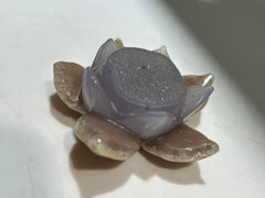 Agate Lotus Flower with Smoky Druzy Center – Artisan Crystal Lotus Sculpture for Elegant Home Décor
