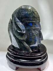 Labradorite Warrior Head Sculpture – Unique Crystal Figurine with Futuristic Tribal Design | Artisan Gemstone Art