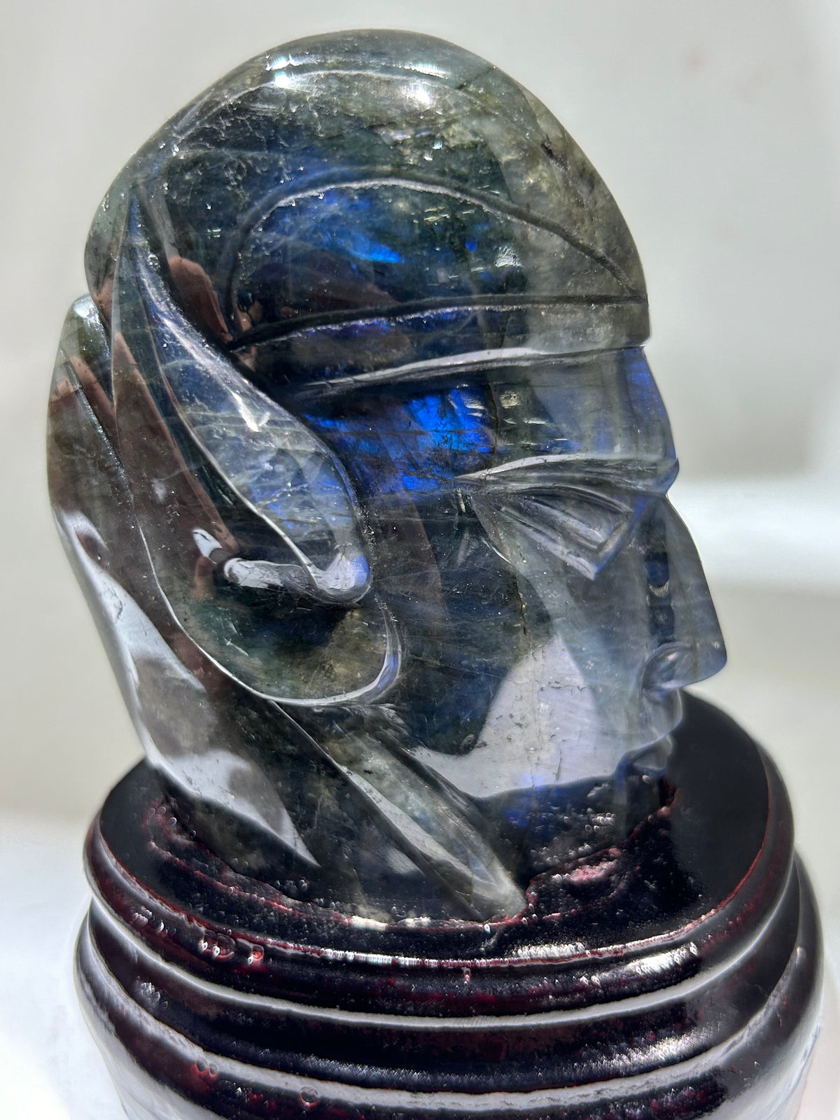 Labradorite Warrior Head Sculpture – Unique Crystal Figurine with Futuristic Tribal Design | Artisan Gemstone Art